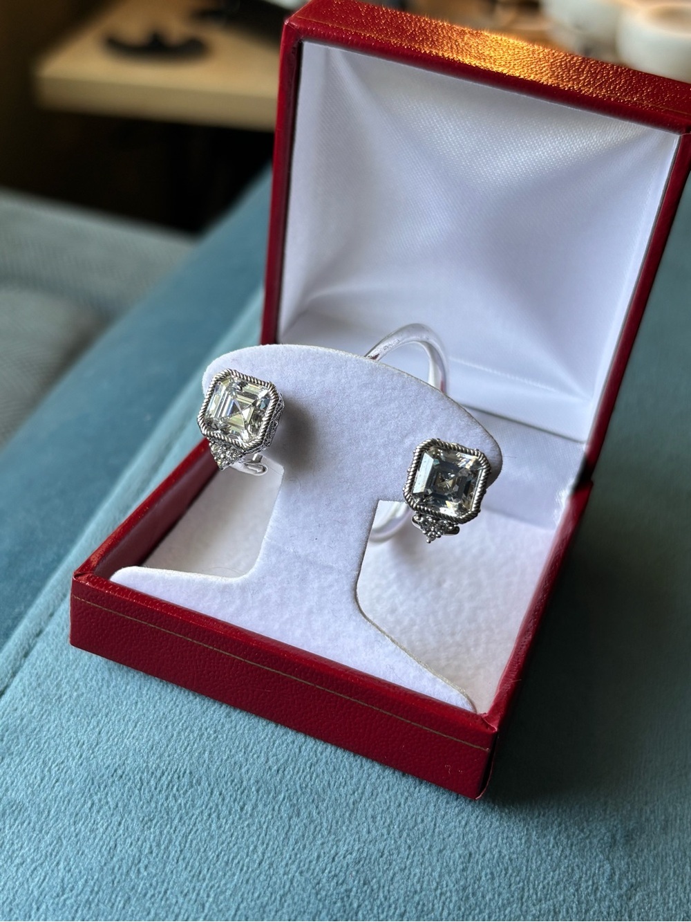 Judith Ripka 925 Sterling Silver CZ Rope Design Clip-On Earrings